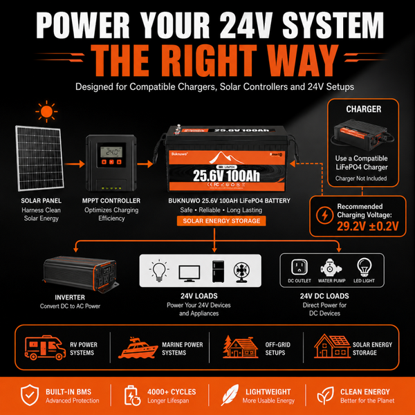 BUKNUWO 24V 100Ah Bluetooth LiFePO4 Battery with 100A Smart BMS