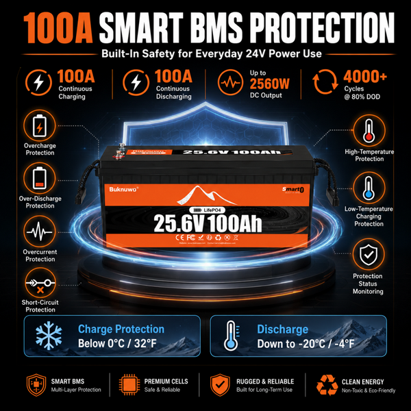 BUKNUWO 24V 100Ah Bluetooth LiFePO4 Battery with 100A Smart BMS
