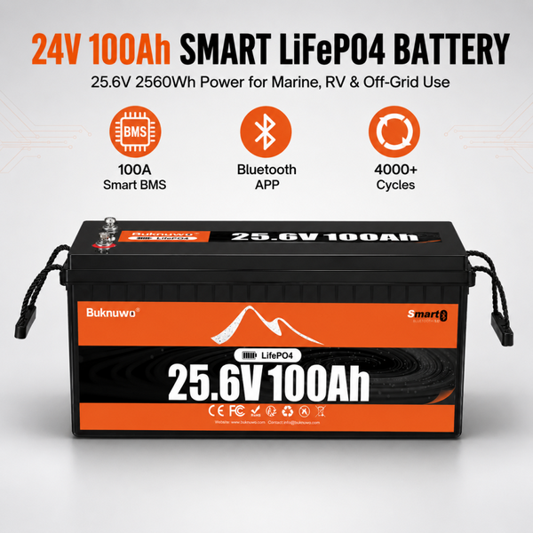 BUKNUWO 24V 100Ah Bluetooth LiFePO4 Battery with 100A Smart BMS