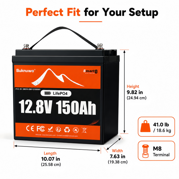 BUKNUWO 12V 150Ah Bluetooth LiFePO4 Battery with 100A Smart BMS for Travel Trailer RV Camping