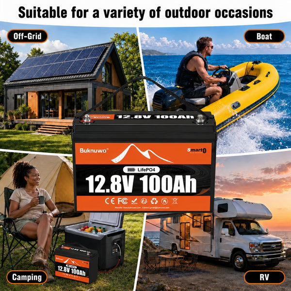BUKNUWO 12V 100Ah Bluetooth LiFePO4 Battery with 100A Smart BMS