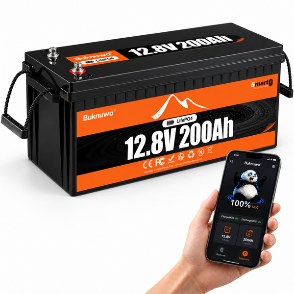 BUKNUWO 12V 200Ah Bluetooth LiFePO4 Battery with Smart 200A BMS