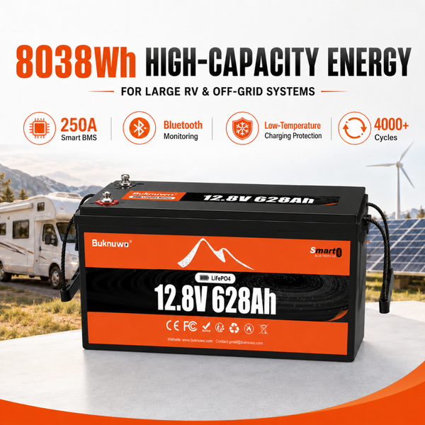 BUKNUWO 12V 628Ah Bluetooth LiFePO4 Battery with 250A Smart BMS