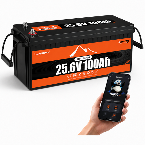 BUKNUWO 24V 100Ah Bluetooth LiFePO4 Battery with 100A Smart BMS