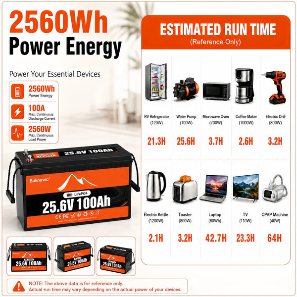 BUKNUWO 24V 100Ah LiFePO4 Battery with 100A BMS