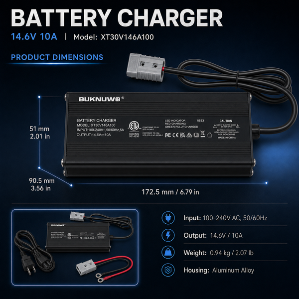 BUKNUWO LiFePO4 Battery Charger – 14.6V 10A CC/CV Charger with Anderson Connector
