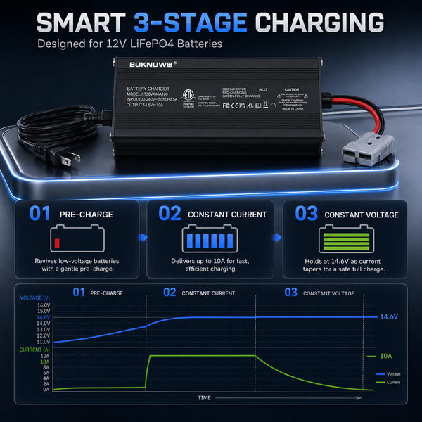 BUKNUWO LiFePO4 Battery Charger – 14.6V 10A CC/CV Charger with Anderson Connector