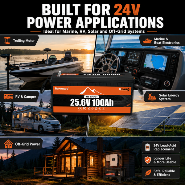 BUKNUWO 24V 100Ah Bluetooth LiFePO4 Battery with 100A Smart BMS