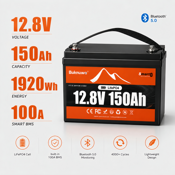 BUKNUWO 12V 150Ah Bluetooth LiFePO4 Battery with 100A Smart BMS for Travel Trailer RV Camping