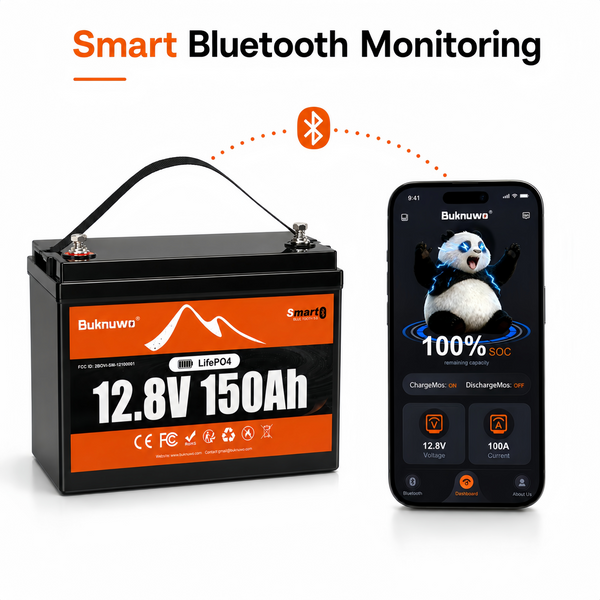 BUKNUWO 12V 150Ah Bluetooth LiFePO4 Battery with 100A Smart BMS for Travel Trailer RV Camping
