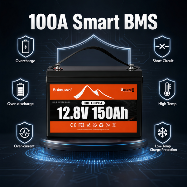BUKNUWO 12V 150Ah Bluetooth LiFePO4 Battery with 100A Smart BMS for Travel Trailer RV Camping