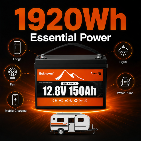 BUKNUWO 12V 150Ah Bluetooth LiFePO4 Battery with 100A Smart BMS for Travel Trailer RV Camping