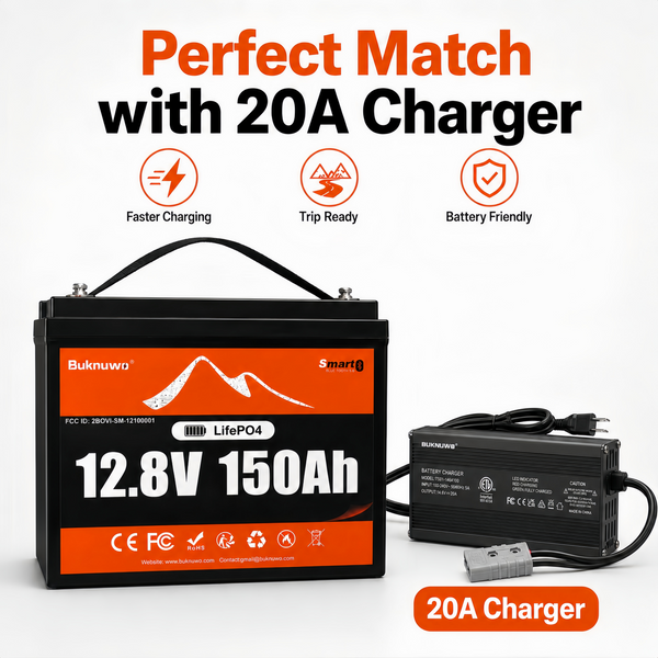 BUKNUWO 12V 150Ah Bluetooth LiFePO4 Battery with 100A Smart BMS for Travel Trailer RV Camping