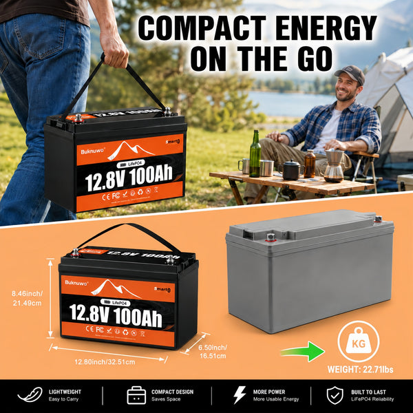 BUKNUWO 12V 100Ah Bluetooth LiFePO4 Battery with 100A Smart BMS