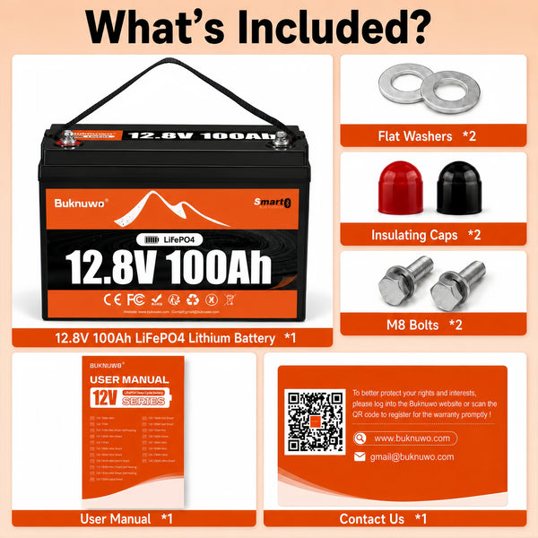 BUKNUWO 12V 100Ah Bluetooth LiFePO4 Battery with 100A Smart BMS