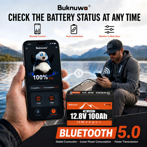 BUKNUWO 12V 100Ah Bluetooth LiFePO4 Battery with 100A Smart BMS