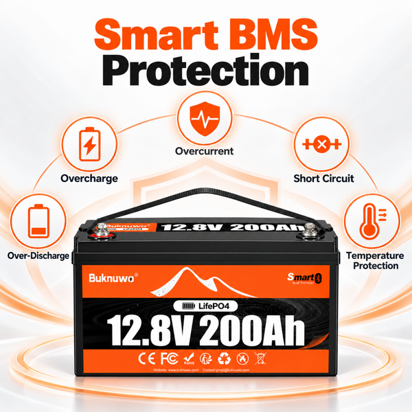 BUKNUWO 12V 200Ah Bluetooth LiFePO4 Battery with Smart 200A BMS