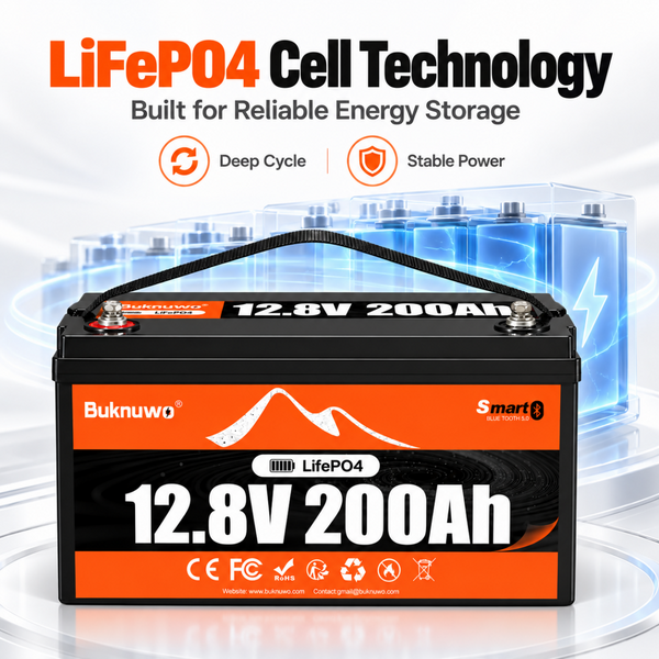 BUKNUWO 12V 200Ah Bluetooth LiFePO4 Battery with Smart 200A BMS