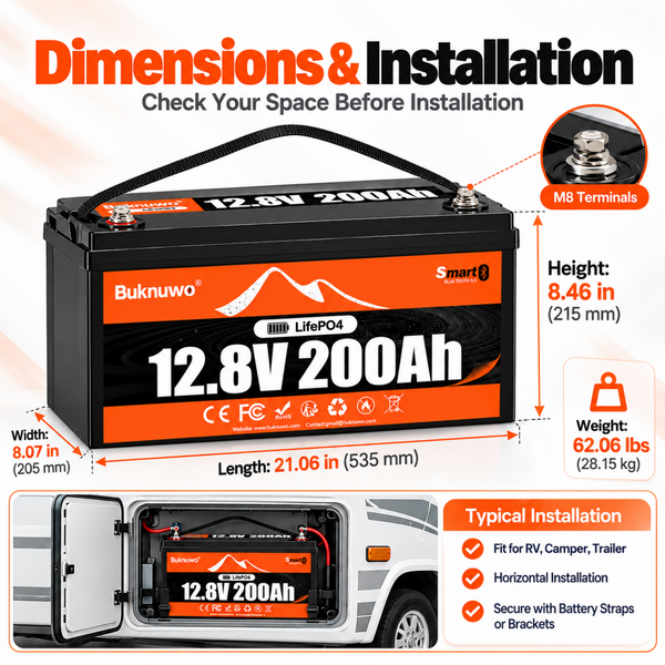 BUKNUWO 12V 200Ah Bluetooth LiFePO4 Battery with Smart 200A BMS