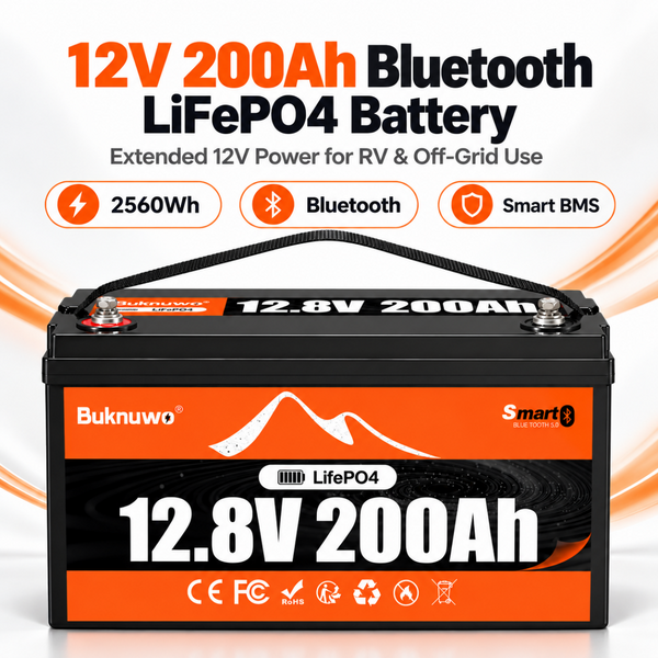 BUKNUWO 12V 200Ah Bluetooth LiFePO4 Battery with Smart 200A BMS