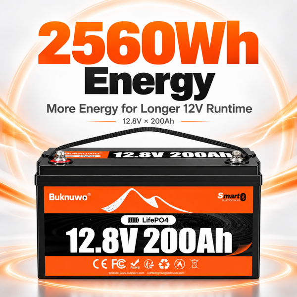 BUKNUWO 12V 200Ah Bluetooth LiFePO4 Battery with Smart 200A BMS