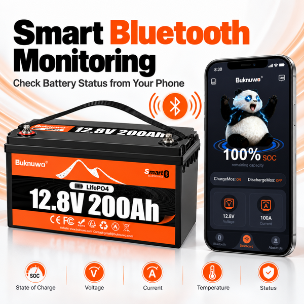 BUKNUWO 12V 200Ah Bluetooth LiFePO4 Battery with Smart 200A BMS