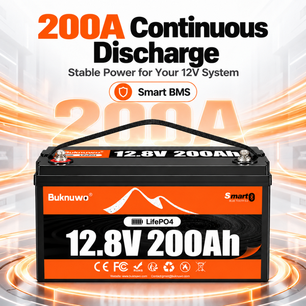 BUKNUWO 12V 200Ah Bluetooth LiFePO4 Battery with Smart 200A BMS
