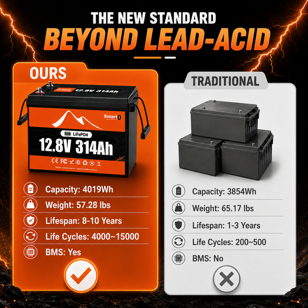 BUKNUWO 12V 314Ah Bluetooth LiFePO4 Battery with 200A Smart BMS