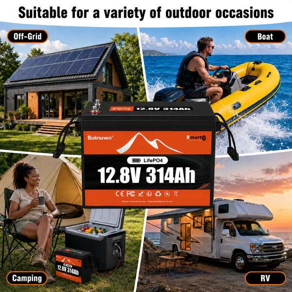 BUKNUWO 12V 314Ah Bluetooth LiFePO4 Battery with 200A Smart BMS
