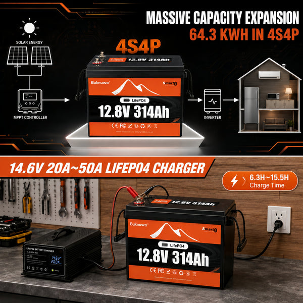 BUKNUWO 12V 314Ah Bluetooth LiFePO4 Battery with 200A Smart BMS