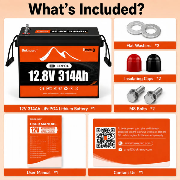 BUKNUWO 12V 314Ah Bluetooth LiFePO4 Battery with 200A Smart BMS