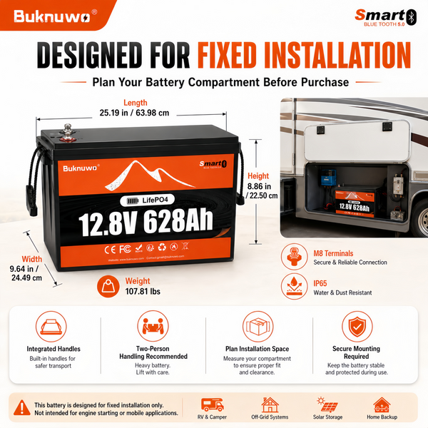 BUKNUWO 12V 628Ah Bluetooth LiFePO4 Battery with 250A Smart BMS