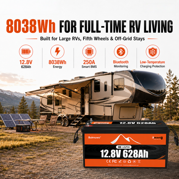 BUKNUWO 12V 628Ah Bluetooth LiFePO4 Battery with 250A Smart BMS