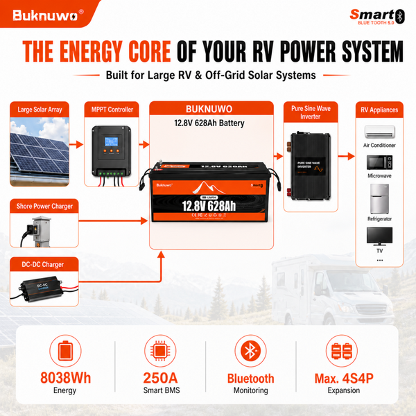 BUKNUWO 12V 628Ah Bluetooth LiFePO4 Battery with 250A Smart BMS