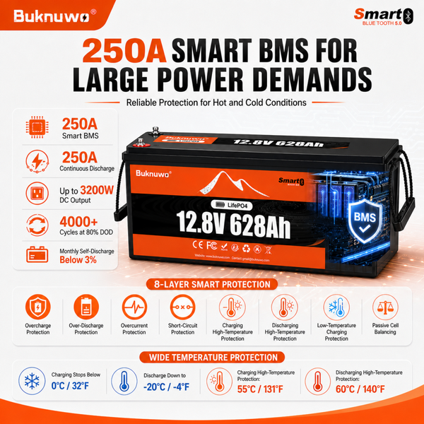 BUKNUWO 12V 628Ah Bluetooth LiFePO4 Battery with 250A Smart BMS