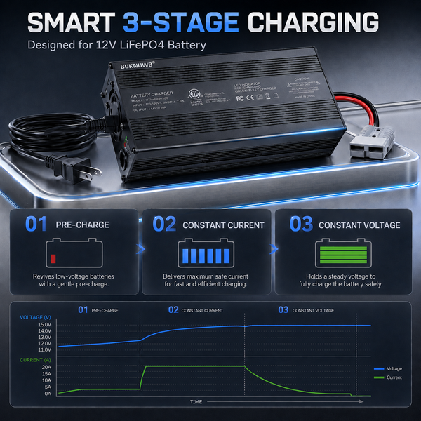 BUKNUWO LiFePO4 Battery Charger – 14.6V 20A CC/CV Charger with Anderson Connector