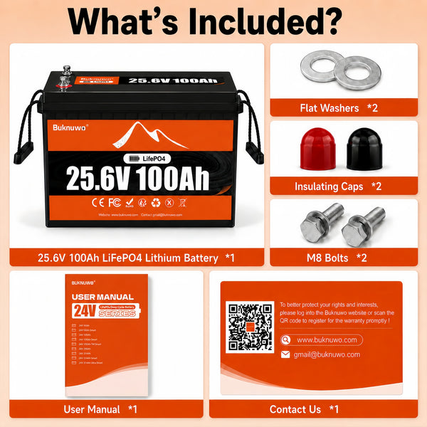 BUKNUWO 24V 100Ah LiFePO4 Battery with 100A BMS
