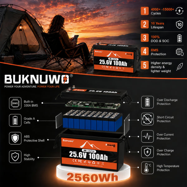 BUKNUWO 24V 100Ah LiFePO4 Battery with 100A BMS