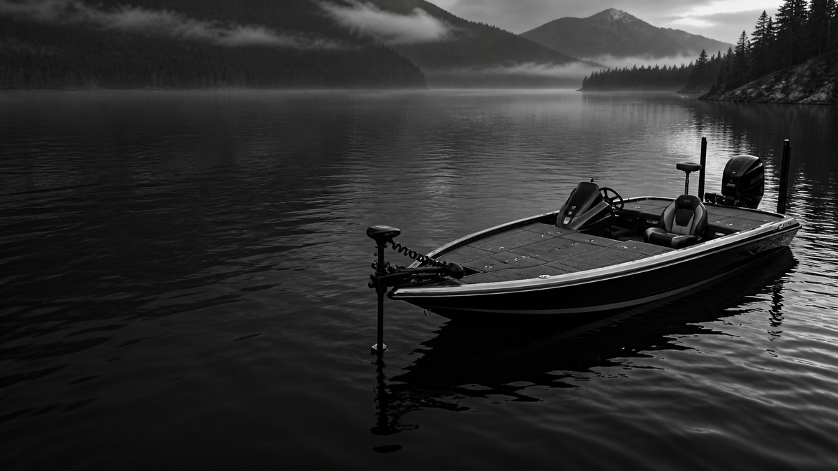 Fishing boat on a lake with a bow-mounted trolling motor